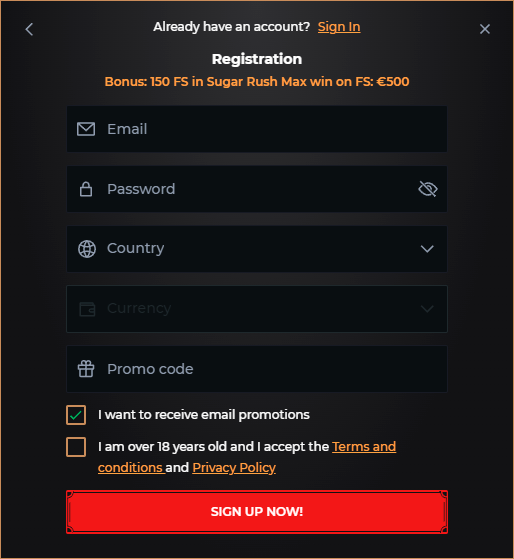 Registration at Windetta casino